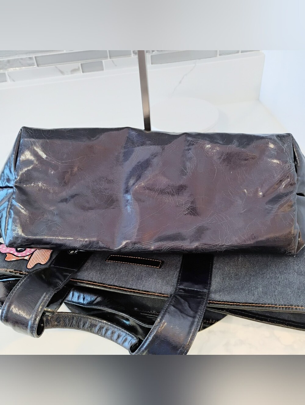 GUC Longchamp Denim & Patent Leather Tote Bag -  Floral Appliqué - Picture 9 of 16